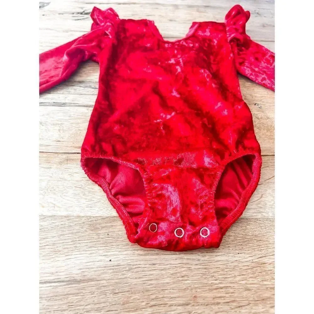 Solid Red Crushed Velvet Long Sleeve Bodysuit with Ruffles, Size 12-18M